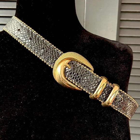 Simons Black Snakeskin Pattern, Gold Glitter Leather Belt, Gold Buckle Size XS/S - Picture 4 of 16
